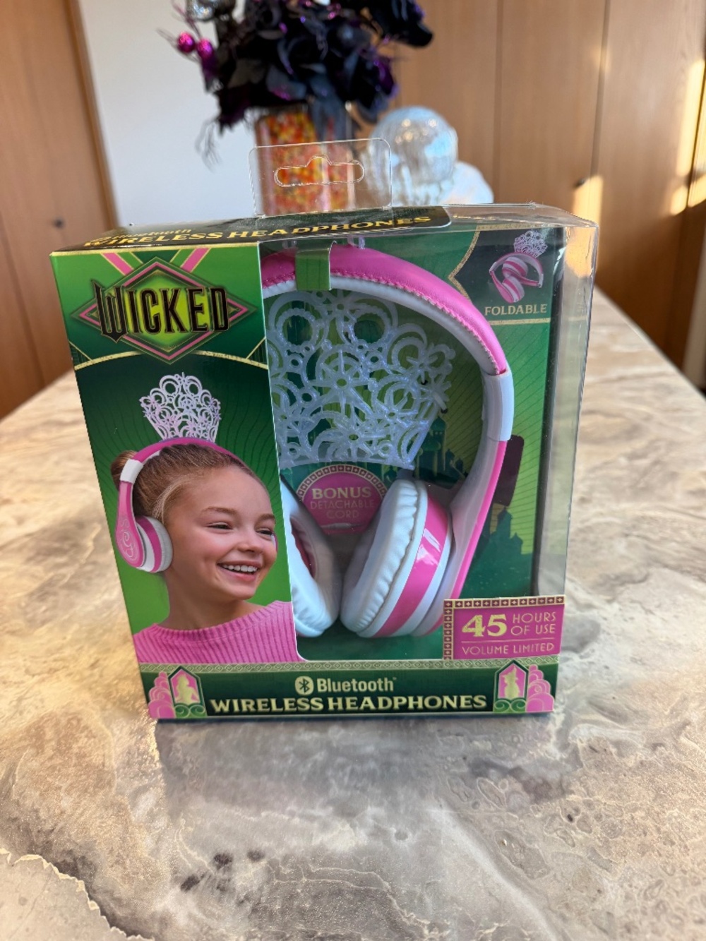 eKids Wicked Glinda Bluetooth wireless headphones, white/pink in sealed box